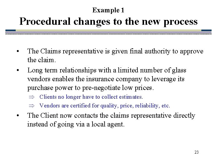 Example 1 Procedural changes to the new process • • The Claims representative is Example 1 Procedural changes to the new process • • The Claims representative is
