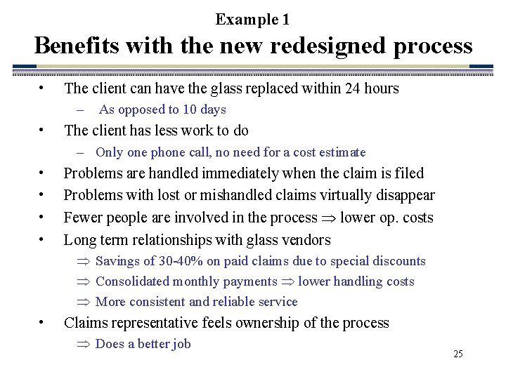 Example 1 Benefits with the new redesigned process • The client can have the Example 1 Benefits with the new redesigned process • The client can have the