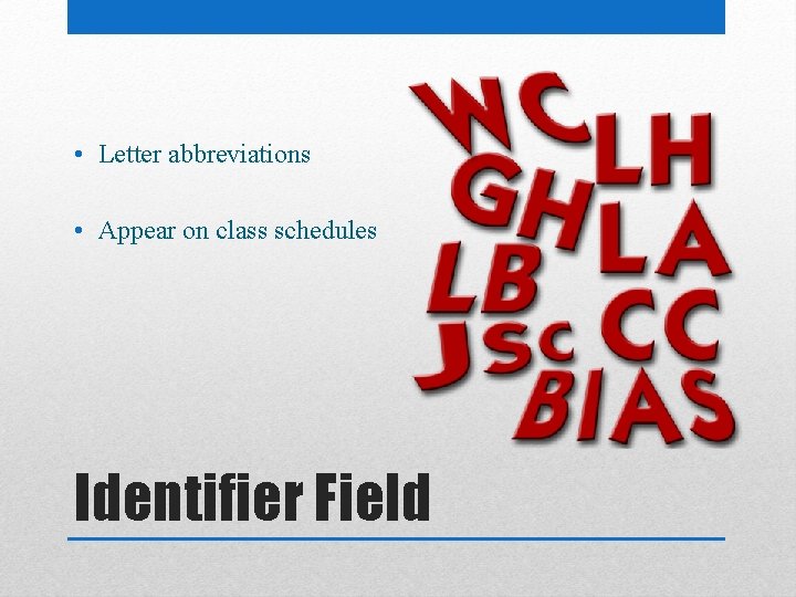  • Letter abbreviations • Appear on class schedules Identifier Field 