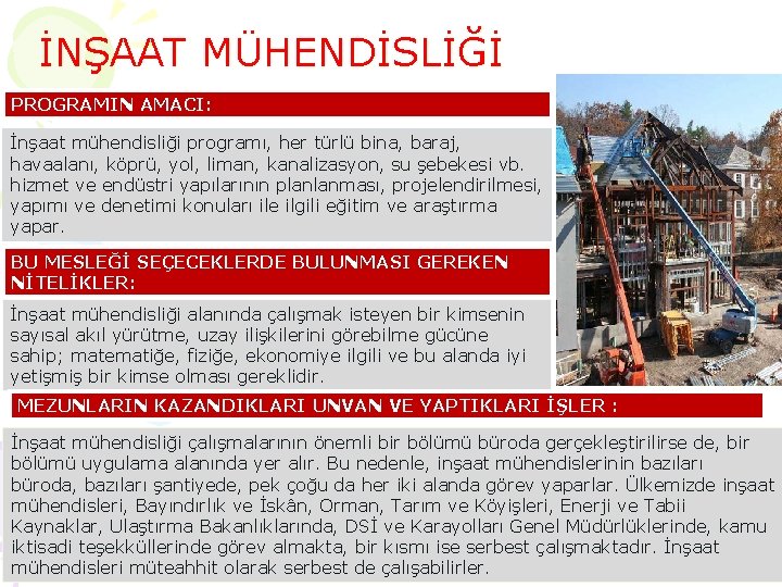 İNŞAAT MÜHENDİSLİĞİ PROGRAMIN AMACI: İnşaat mühendisliği programı, her türlü bina, baraj, havaalanı, köprü, yol,