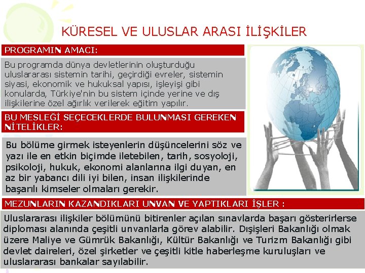 KÜRESEL VE ULUSLAR ARASI İLİŞKİLER PROGRAMIN AMACI: Bu programda dünya devletlerinin oluşturduğu uluslararası sistemin