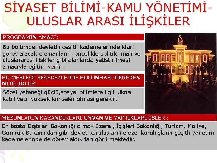 SİYASET BİLİMİ-KAMU YÖNETİMİULUSLAR ARASI İLİŞKİLER PROGRAMIN AMACI: Bu bölümde, devletin çeşitli kademelerinde idari görev