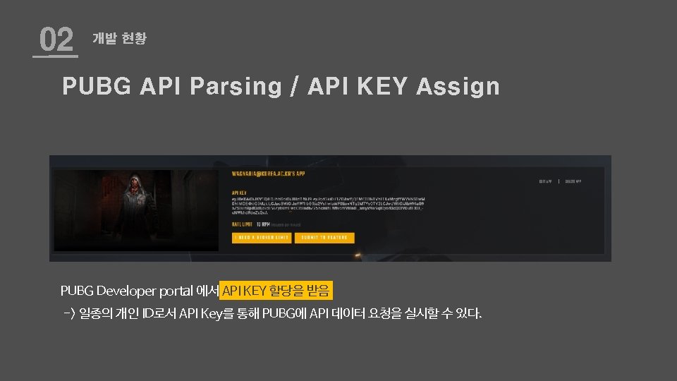 02 개발 현황 PUBG API Parsing / API KEY Assign PUBG Developer portal 에서
