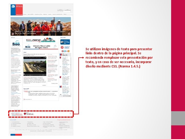 Se utilizan imágenes de texto para presentar links dentro de la página principal. Se