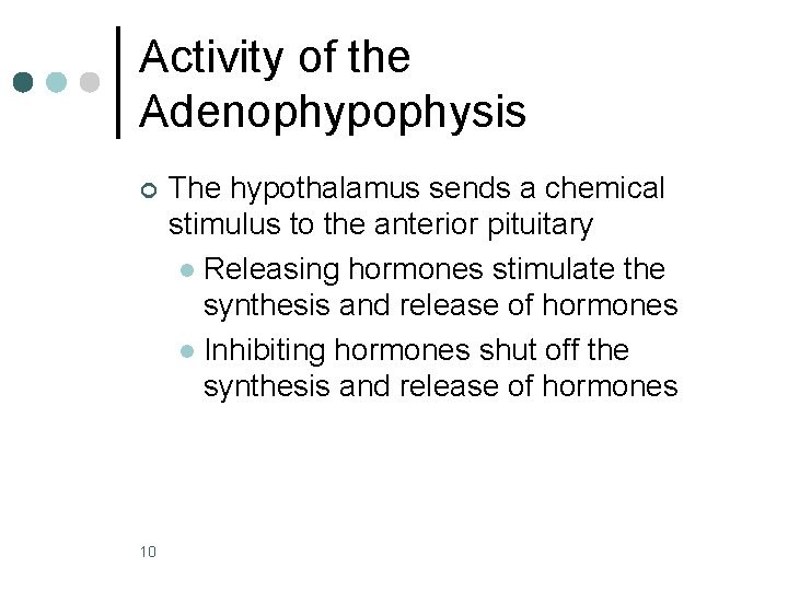 Activity of the Adenophypophysis ¢ 10 The hypothalamus sends a chemical stimulus to the