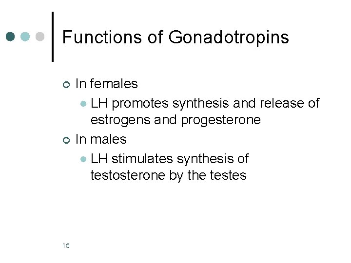 Functions of Gonadotropins ¢ ¢ 15 In females l LH promotes synthesis and release