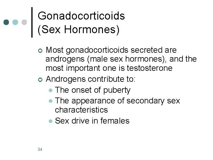 Gonadocorticoids (Sex Hormones) ¢ ¢ 34 Most gonadocorticoids secreted are androgens (male sex hormones),