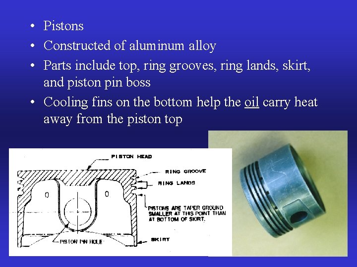  • Pistons • Constructed of aluminum alloy • Parts include top, ring grooves,