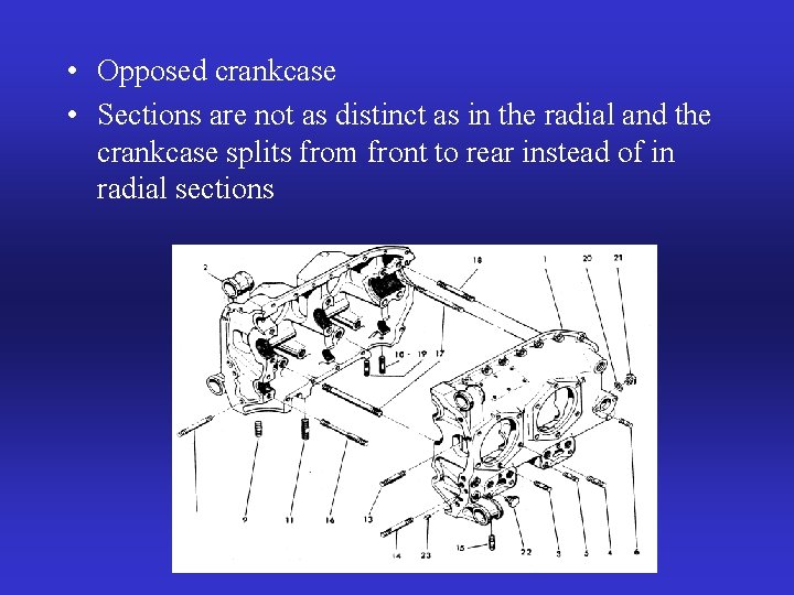  • Opposed crankcase • Sections are not as distinct as in the radial
