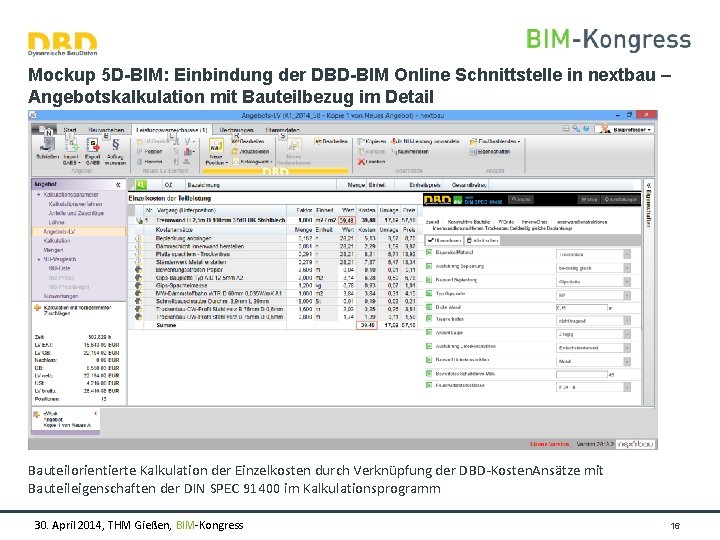 Mockup 5 D-BIM: Einbindung der DBD-BIM Online Schnittstelle in nextbau – Angebotskalkulation mit Bauteilbezug