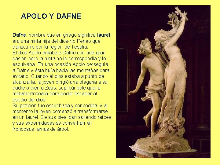 APOLO Y DAFNE Dafne, nombre que en griego significa laurel, era una ninfa hija