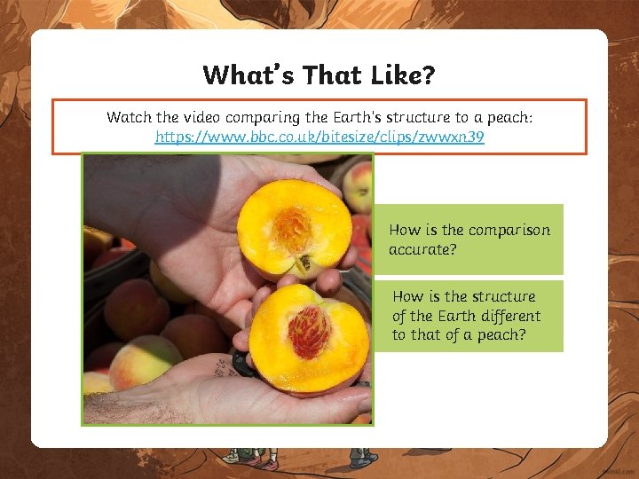 What’s That Like? Watch the video comparing the Earth’s structure to a peach: https: