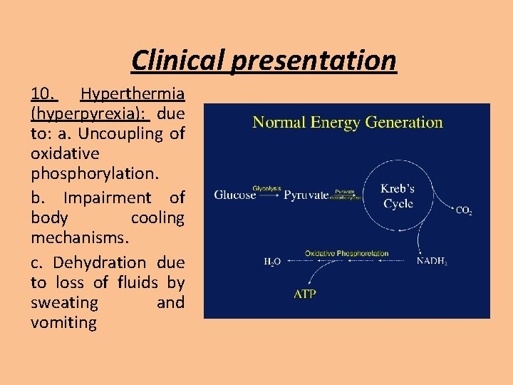 Clinical presentation 10. Hyperthermia (hyperpyrexia): due to: a. Uncoupling of oxidative phosphorylation. b. Impairment