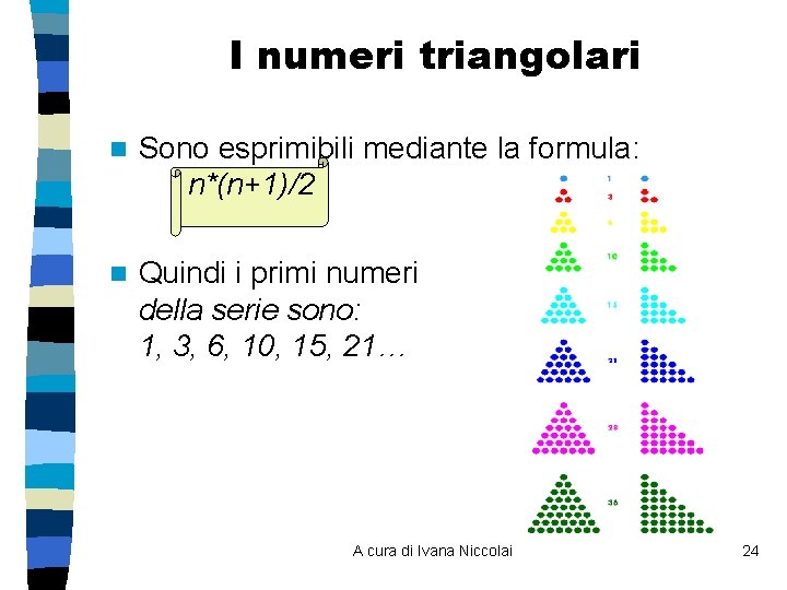 I numeri triangolari n Sono esprimibili mediante la formula: n*(n+1)/2 n Quindi i primi