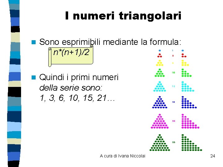 I numeri triangolari n Sono esprimibili mediante la formula: n*(n+1)/2 n Quindi i primi I numeri triangolari n Sono esprimibili mediante la formula: n*(n+1)/2 n Quindi i primi