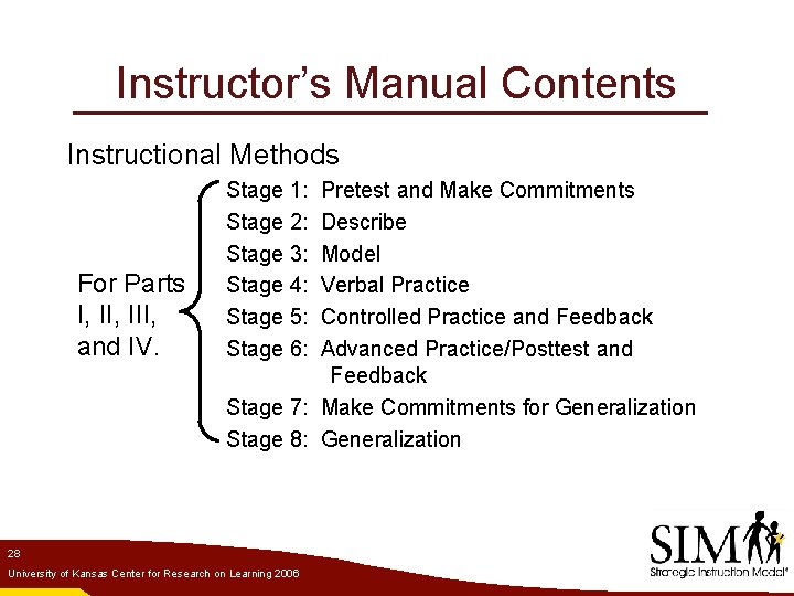 Instructor’s Manual Contents Instructional Methods For Parts I, III, and IV. Stage 1: Stage