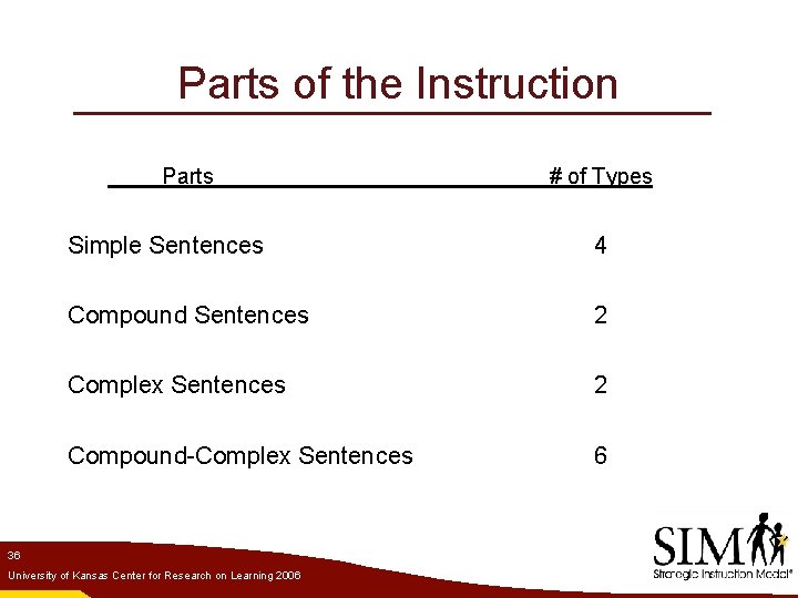 Parts of the Instruction Parts # of Types Simple Sentences 4 Compound Sentences 2