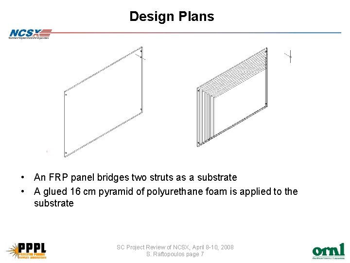 Design Plans • An FRP panel bridges two struts as a substrate • A