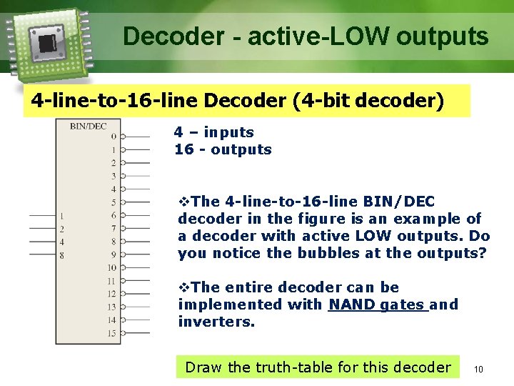 Decoder - active-LOW outputs 4 -line-to-16 -line Decoder (4 -bit decoder) 4 – inputs