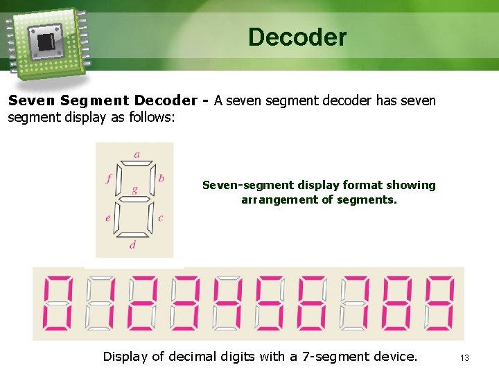 Decoder Seven Segment Decoder - A seven segment decoder has seven segment display as