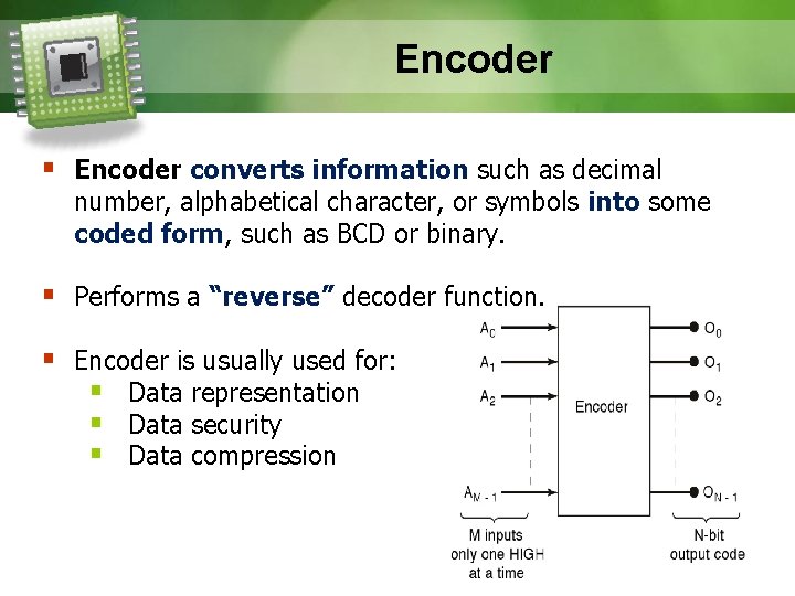 Encoder § Encoder converts information such as decimal number, alphabetical character, or symbols into