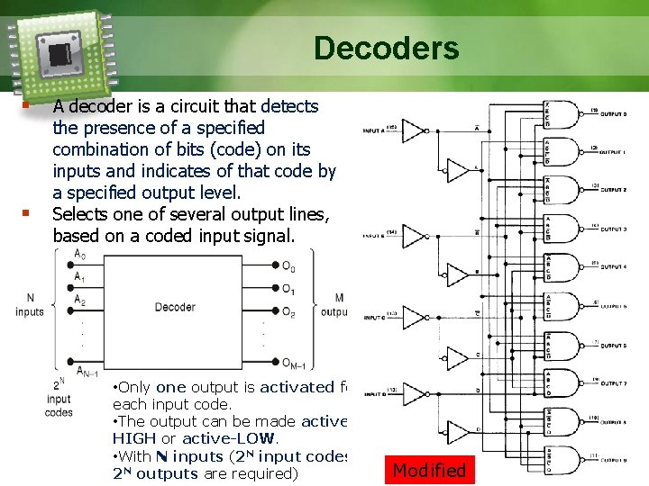 Decoders § § A decoder is a circuit that detects the presence of a