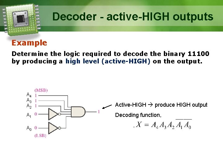 Decoder - active-HIGH outputs Example Determine the logic required to decode the binary 11100