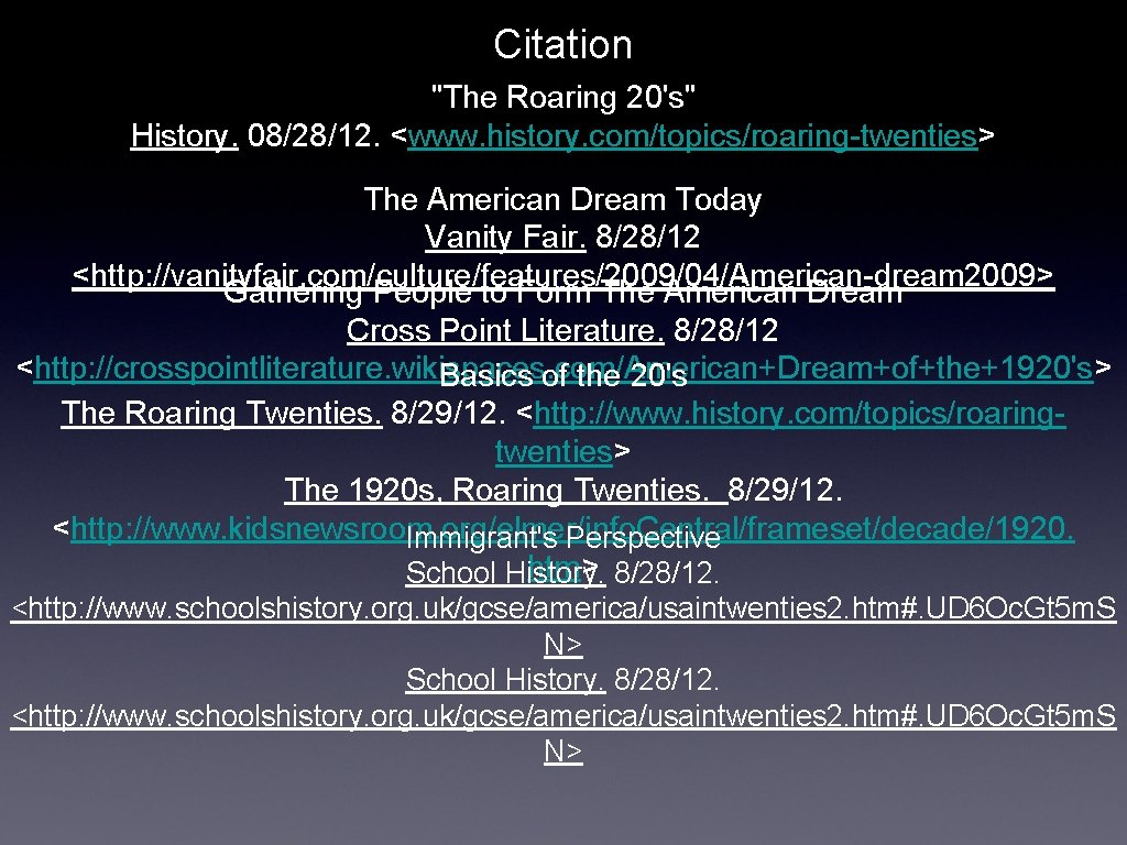 Citation "The Roaring 20's" History. 08/28/12. <www. history. com/topics/roaring-twenties> The American Dream Today Vanity