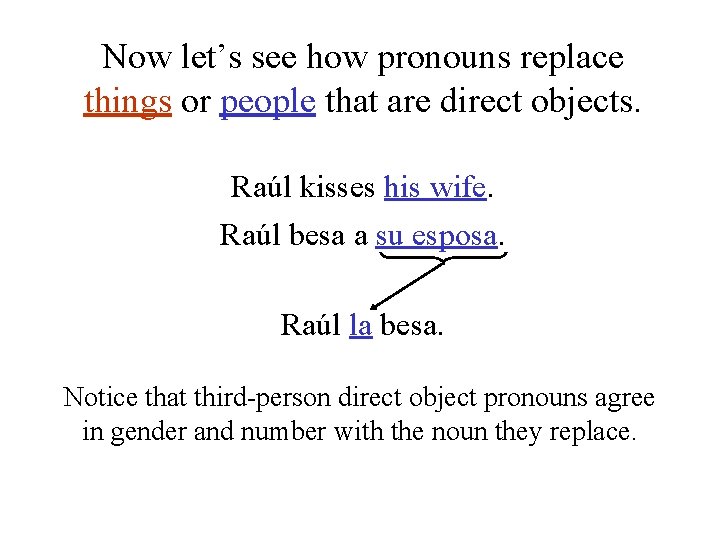 Now let’s see how pronouns replace things or people that are direct objects. Raúl