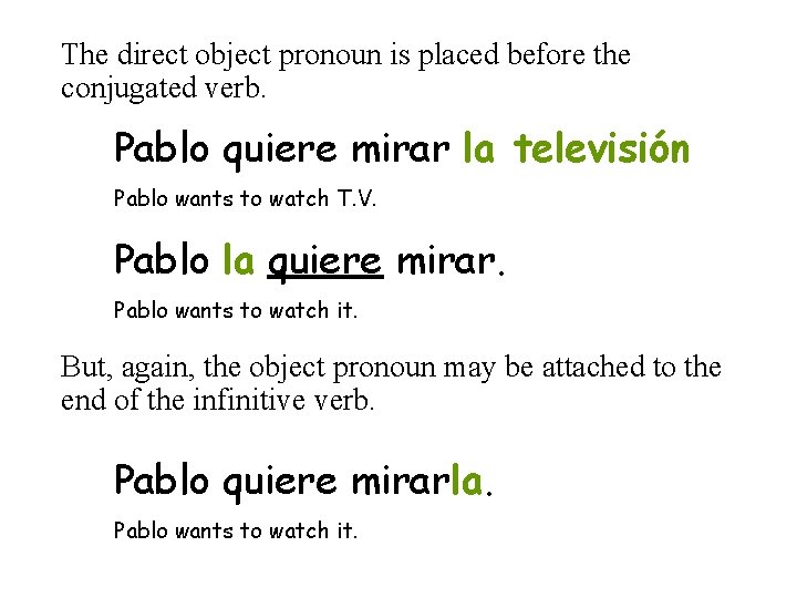 The direct object pronoun is placed before the conjugated verb. Pablo quiere mirar la