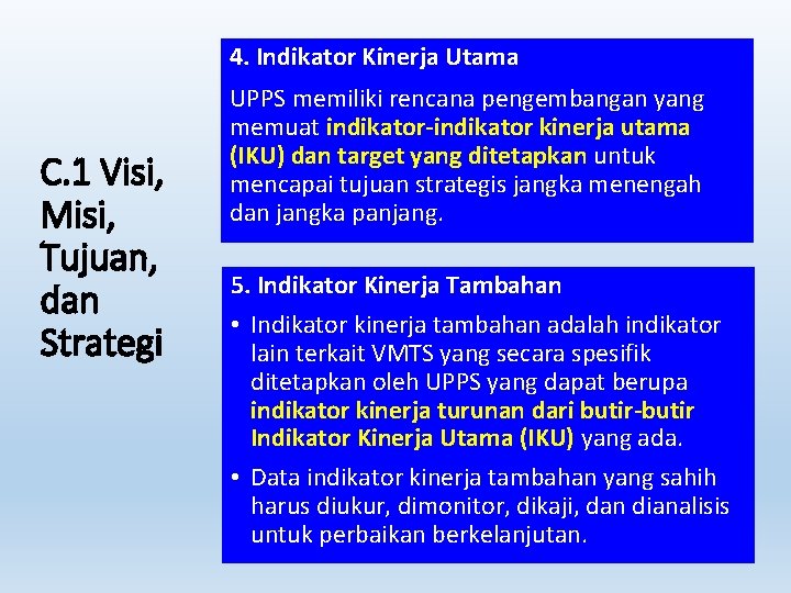 4. Indikator Kinerja Utama C. 1 Visi, Misi, Tujuan, dan Strategi UPPS memiliki rencana