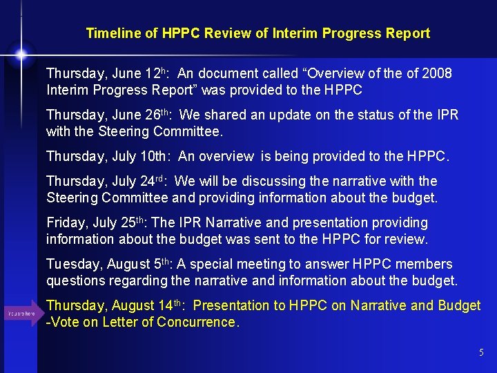 Timeline of HPPC Review of Interim Progress Report Thursday, June 12 h: An document