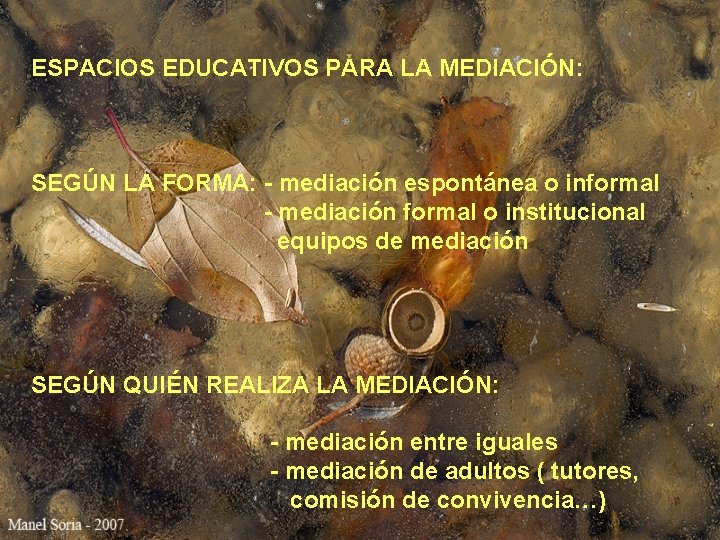 ESPACIOS EDUCATIVOS PARA LA MEDIACIÓN: SEGÚN LA FORMA: - mediación espontánea o informal -