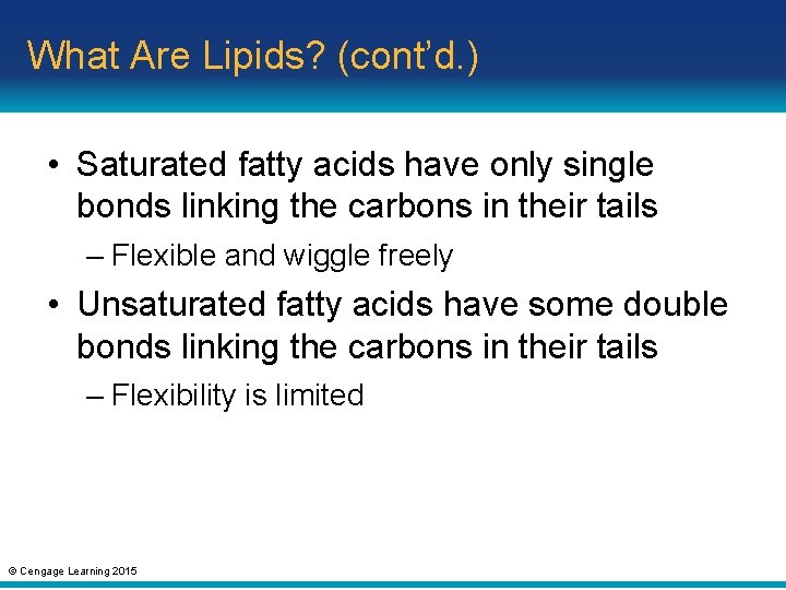 What Are Lipids? (cont’d. ) • Saturated fatty acids have only single bonds linking