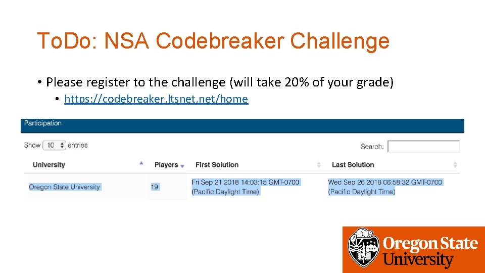 To. Do: NSA Codebreaker Challenge • Please register to the challenge (will take 20%