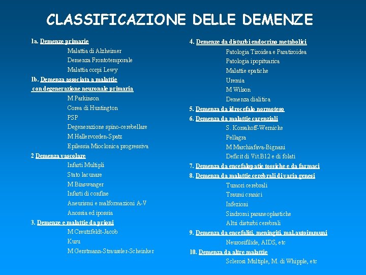 CLASSIFICAZIONE DELLE DEMENZE 1 a. Demenze primarie 4. Demenze da disturbi endocrino metabolici Malattia