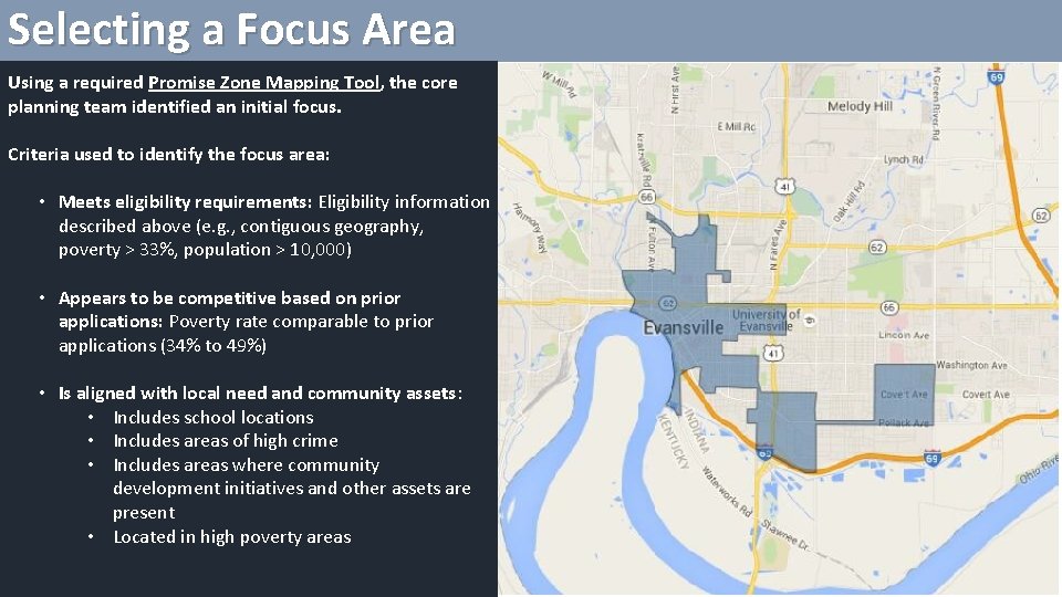 Selecting a Focus Area Using a required Promise Zone Mapping Tool, the core planning