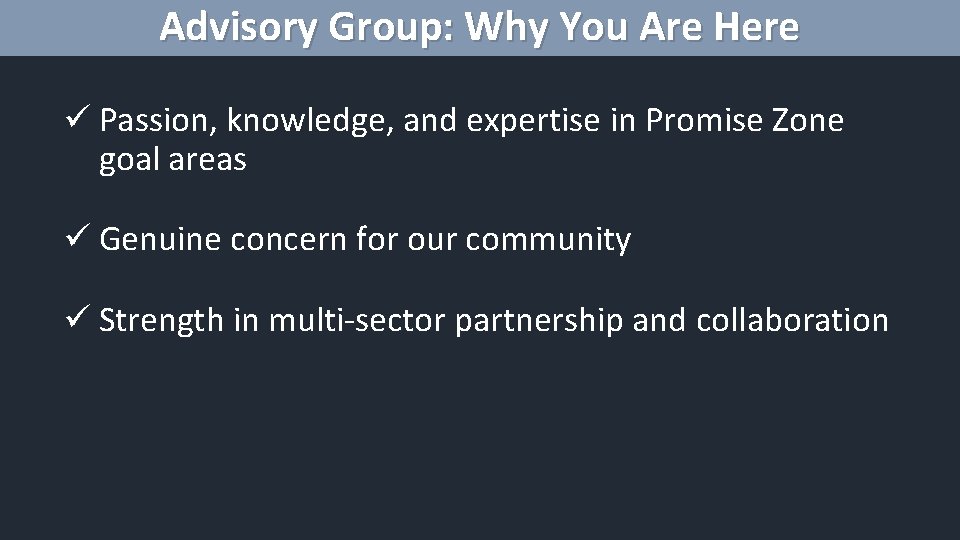 Advisory Group: Why You Are Here ü Passion, knowledge, and expertise in Promise Zone