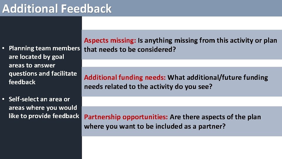 Additional Feedback Aspects missing: Is anything missing from this activity or plan • Planning