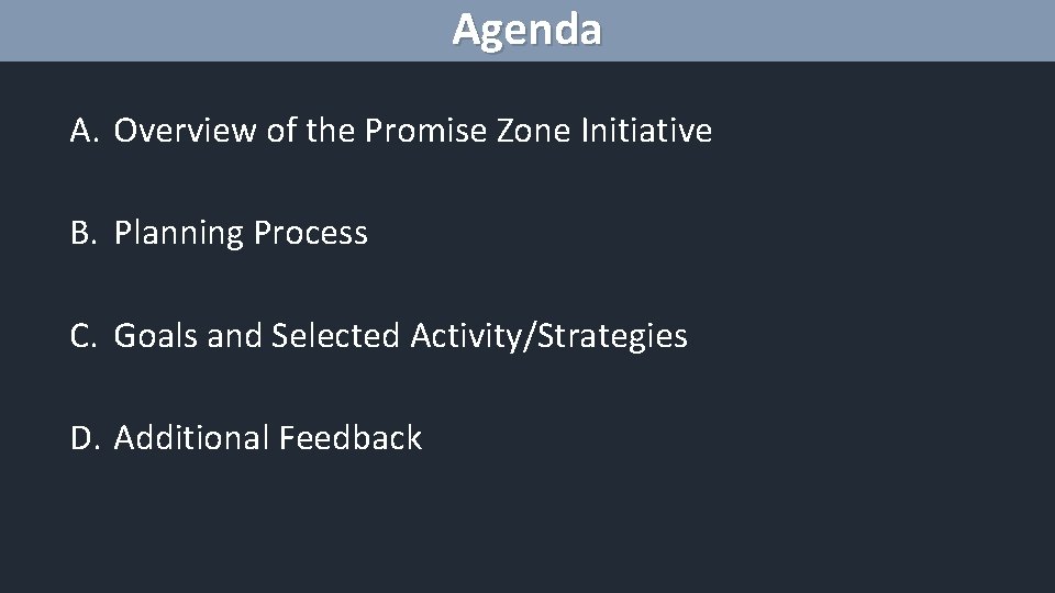 Agenda A. Overview of the Promise Zone Initiative B. Planning Process C. Goals and