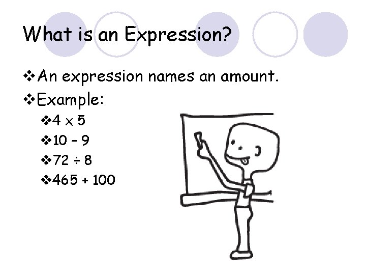 What is an Expression? v. An expression names an amount. v. Example: v 4