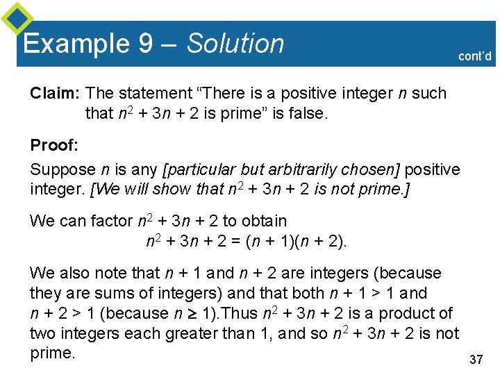 Example 9 – Solution cont’d Claim: The statement “There is a positive integer n