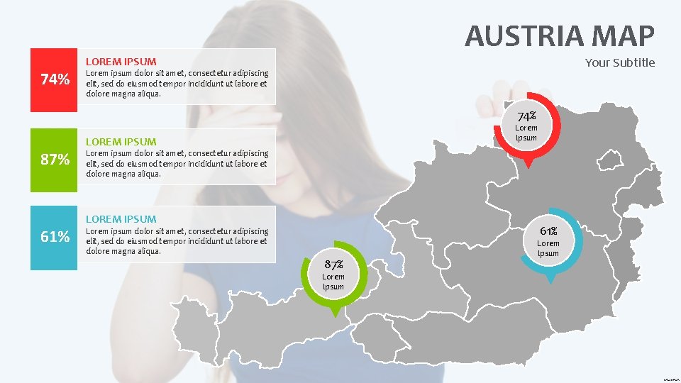 74% AUSTRIA MAP Your Subtitle LOREM IPSUM Lorem ipsum dolor sit amet, consectetur adipiscing 74% AUSTRIA MAP Your Subtitle LOREM IPSUM Lorem ipsum dolor sit amet, consectetur adipiscing