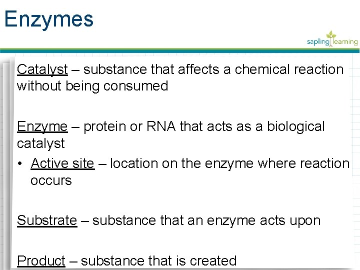 Enzymes Catalyst – substance that affects a chemical reaction without being consumed Enzyme –