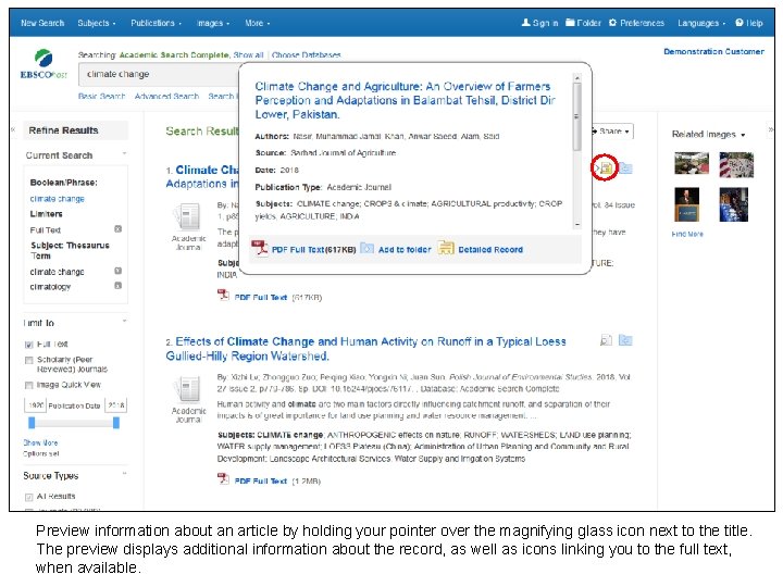 Preview information about an article by holding your pointer over the magnifying glass icon
