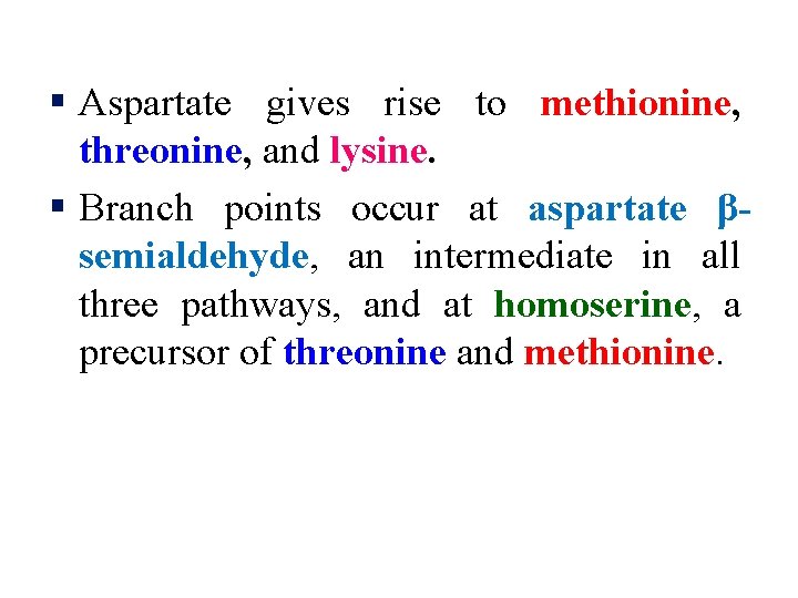 § Aspartate gives rise to methionine, threonine, and lysine. § Branch points occur at