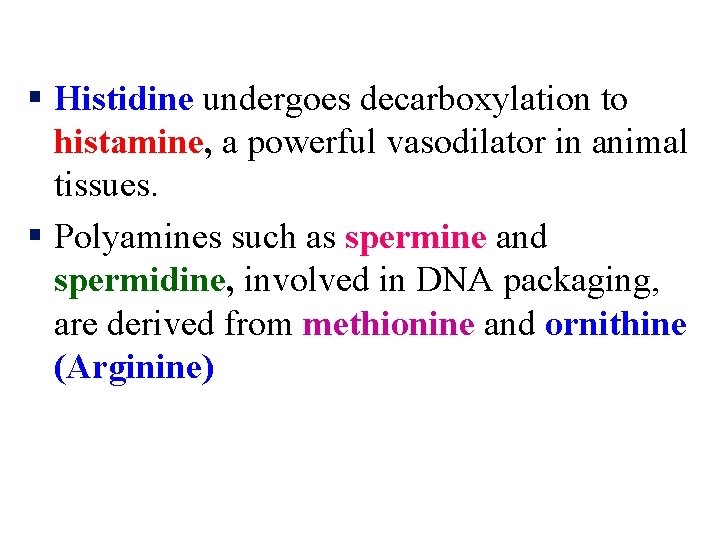 § Histidine undergoes decarboxylation to histamine, a powerful vasodilator in animal tissues. § Polyamines