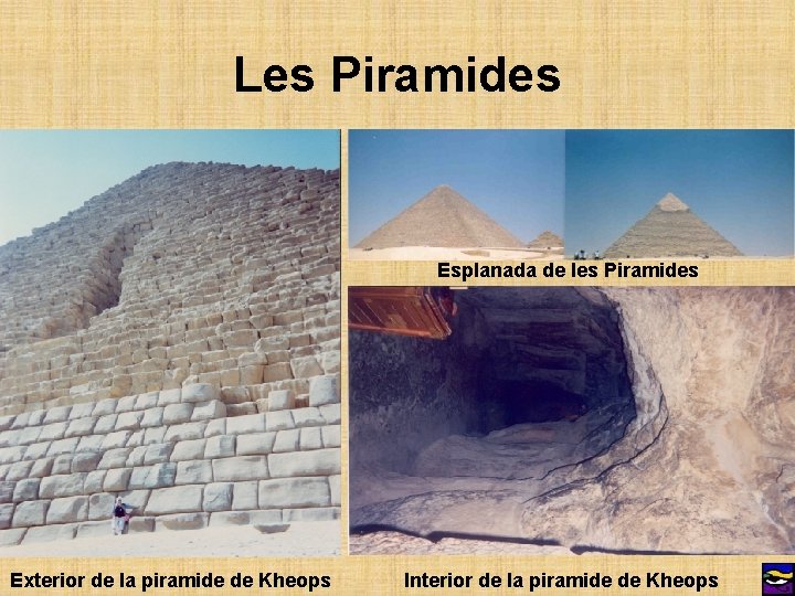 Les Piramides Esplanada de les Piramides Exterior de la piramide de Kheops Interior de