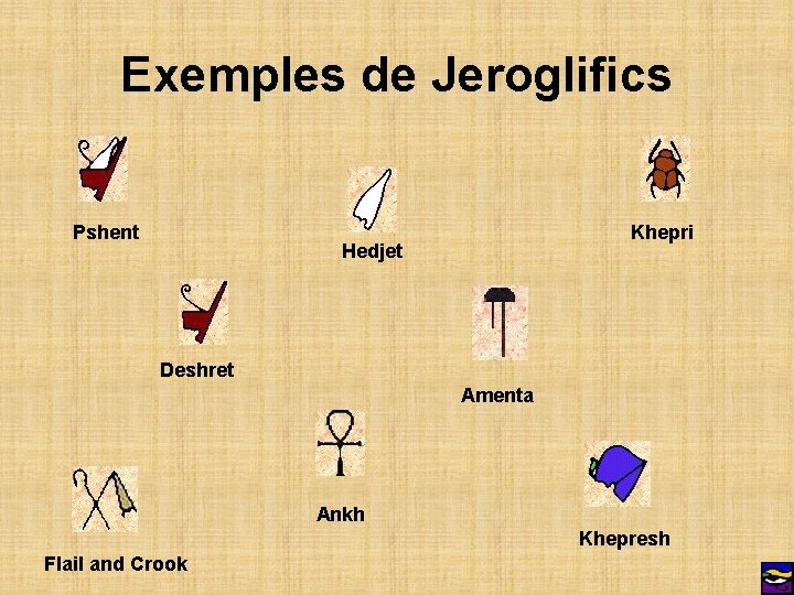 Exemples de Jeroglifics Pshent Khepri Hedjet Deshret Amenta Ankh Khepresh Flail and Crook 