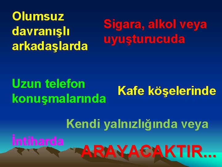 Olumsuz davranışlı arkadaşlarda Sigara, alkol veya uyuşturucuda Uzun telefon Kafe köşelerinde konuşmalarında Kendi yalnızlığında